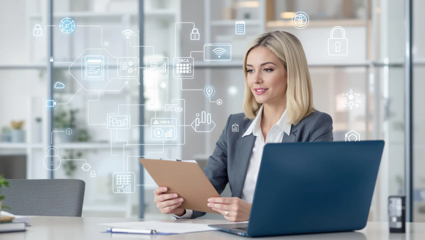 Businesswoman in an office reviewing documents, with a laptop and transparency icons in the background.