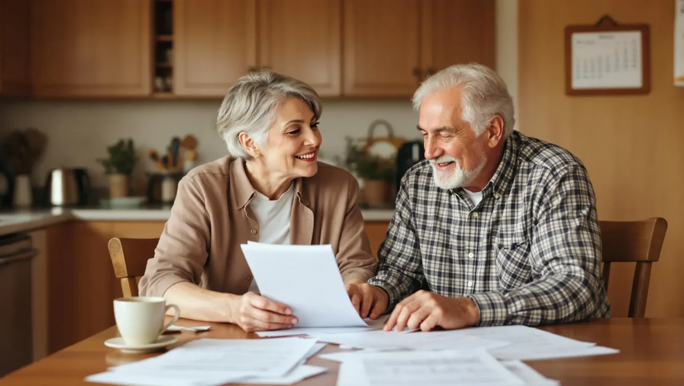 Senior couple smiling while reviewing tax documents together at a kitchen table, with papers, a coffee cup, and a calendar in the background — representing financial planning under the One Big Beautiful Bill Act.